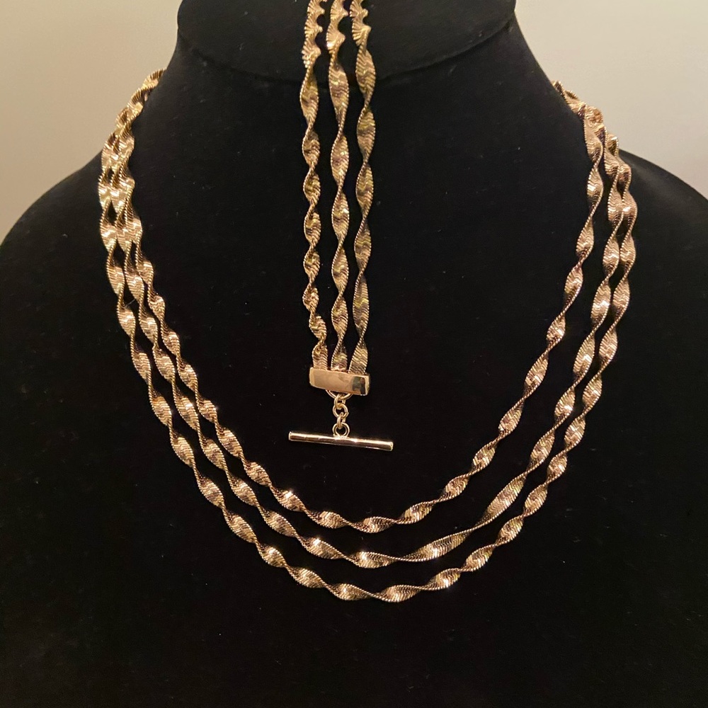Triple Strand Gold Necklace and Bracelet SET